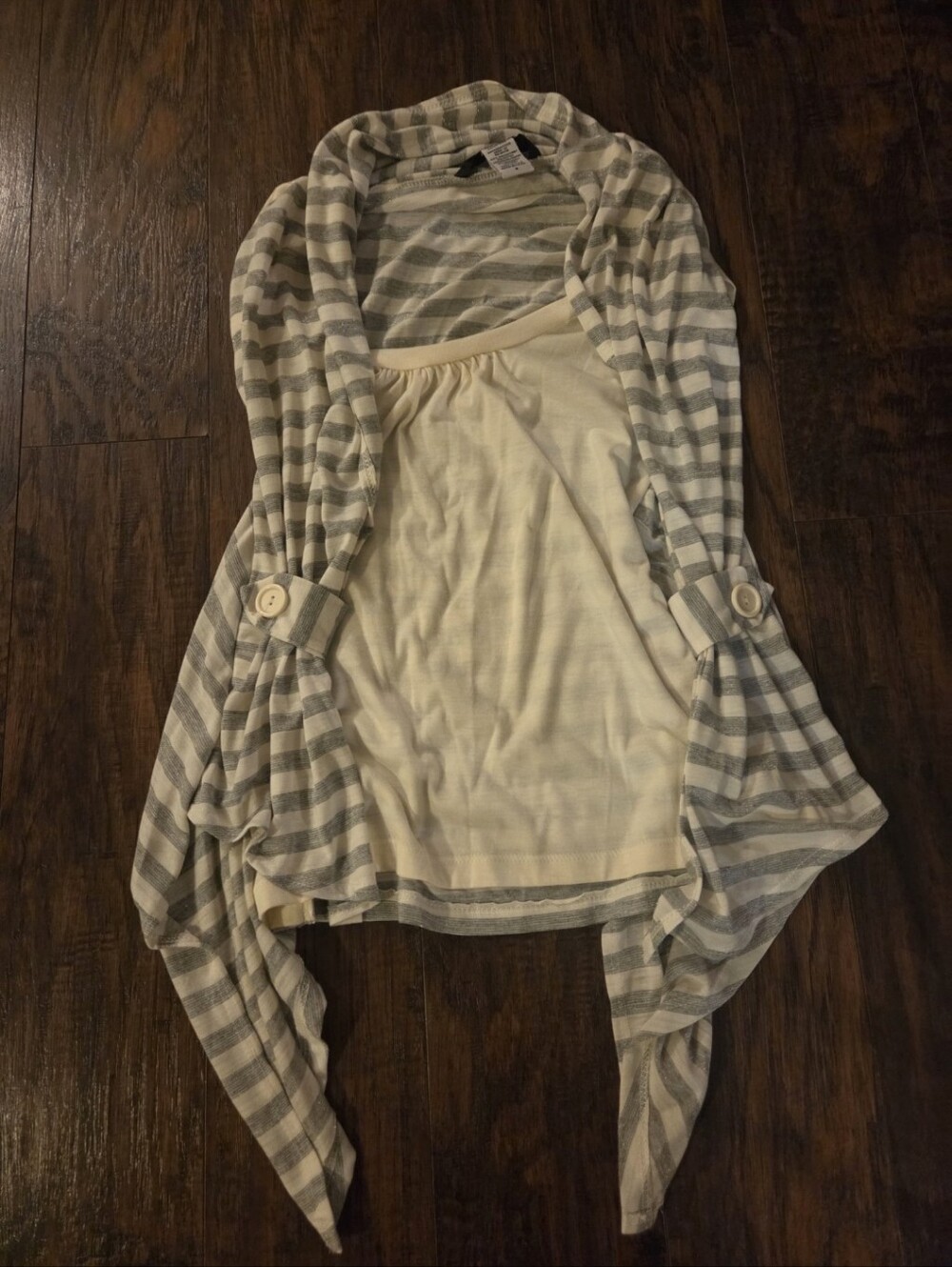 Womens grey-and-white striped sleeveless draped cardigan size small